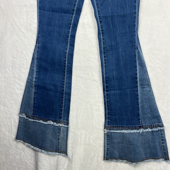 Two Tone Flare BellBottom Patchwork Frayed Hem High Rise Jeans Stretch Denim - Picture 7 of 14